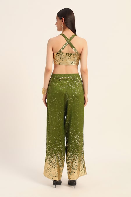 Shop Ruhr India Green Chanderi Silk Mirrors, Beads, Sequins V-neck Bralette And Pant Set at Aza Fashions Shop_Ruhr India_Green Chanderi Silk Mirrors, Beads, Sequins V-neck Bralette And Pant Set _at_Aza_Fashions
