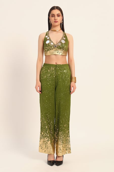 Buy Ruhr India Green Chanderi Silk Mirrors, Beads, Sequins V-neck Bralette And Pant Set Buy_Ruhr India_Green Chanderi Silk Mirrors, Beads, Sequins V-neck Bralette And Pant Set
