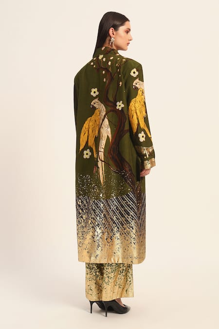 Shop Ruhr India Green Silk Miko Designer Overcoat at Aza Fashions Shop_Ruhr India_Green Silk Miko Designer Overcoat _at_Aza_Fashions