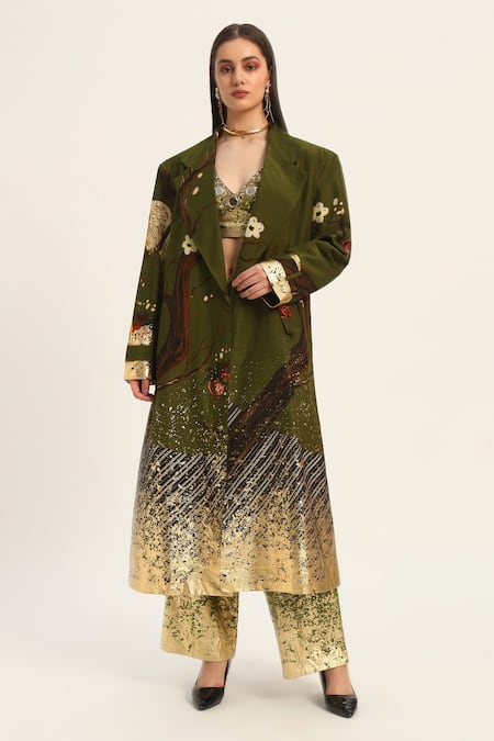 Ruhr India Green Silk Miko Designer Overcoat 