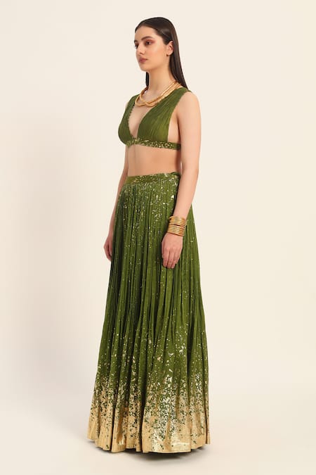 Ruhr India Green Silk, Chanderi Beads V-neck Top And Skirt Set Online at Aza Fashions Ruhr India_Green Silk, Chanderi Beads V-neck Top And Skirt Set _Online_at_Aza_Fashions