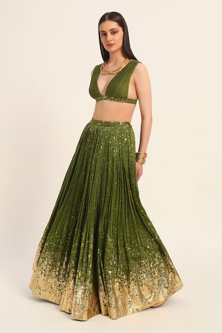Buy Ruhr India Green Silk, Chanderi Beads V-neck Top And Skirt Set Online at Aza Fashions Buy_Ruhr India_Green Silk, Chanderi Beads V-neck Top And Skirt Set _Online_at_Aza_Fashions