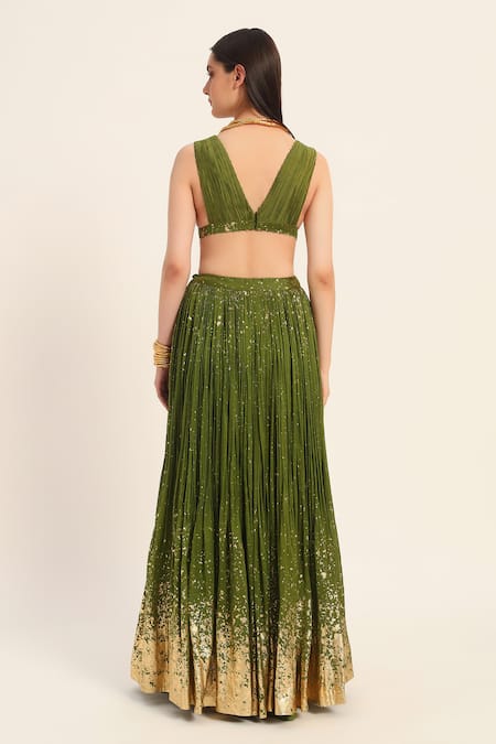 Shop Ruhr India Green Silk, Chanderi Beads V-neck Top And Skirt Set at Aza Fashions Shop_Ruhr India_Green Silk, Chanderi Beads V-neck Top And Skirt Set _at_Aza_Fashions