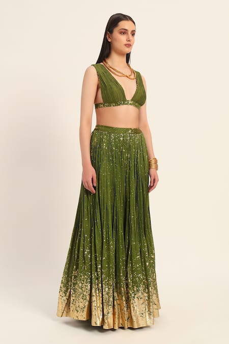 Shop Ruhr India Green Silk, Chanderi Beads V-neck Top And Skirt Set Online at Aza Fashions Shop_Ruhr India_Green Silk, Chanderi Beads V-neck Top And Skirt Set _Online_at_Aza_Fashions