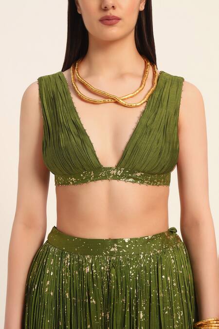 Ruhr India Green Silk, Chanderi Beads V-neck Top And Skirt Set at Aza Fashions Ruhr India_Green Silk, Chanderi Beads V-neck Top And Skirt Set _at_Aza_Fashions