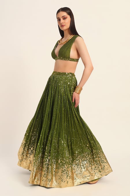 Buy Ruhr India Green Silk, Chanderi Beads V-neck Top And Skirt Set Buy_Ruhr India_Green Silk, Chanderi Beads V-neck Top And Skirt Set