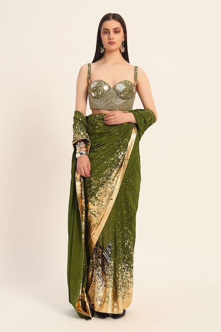 Ruhr India Green Silk, Crepe Beads, Mirrors, Embroidery Sweetheart Neck, Miko Saree Set Online at Aza Fashions Ruhr India_Green Silk, Crepe Beads, Mirrors, Embroidery Sweetheart Neck, Miko Saree Set _Online_at_Aza_Fashions