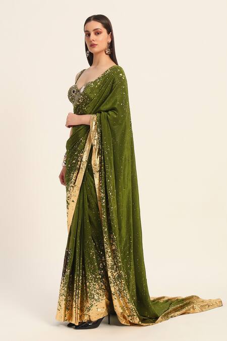 Buy Ruhr India Green Silk, Crepe Beads, Mirrors, Embroidery Sweetheart Neck, Miko Saree Set Online at Aza Fashions Buy_Ruhr India_Green Silk, Crepe Beads, Mirrors, Embroidery Sweetheart Neck, Miko Saree Set _Online_at_Aza_Fashions