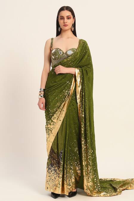 Shop Ruhr India Green Silk, Crepe Beads, Mirrors, Embroidery Sweetheart Neck, Miko Saree Set Online at Aza Fashions Shop_Ruhr India_Green Silk, Crepe Beads, Mirrors, Embroidery Sweetheart Neck, Miko Saree Set _Online_at_Aza_Fashions