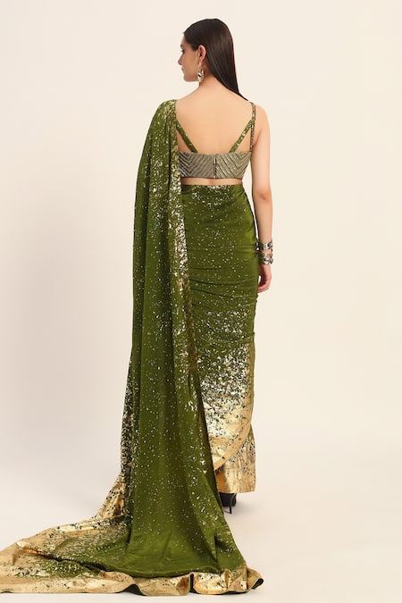 Ruhr India Green Silk Crepe Miko Saree Set 