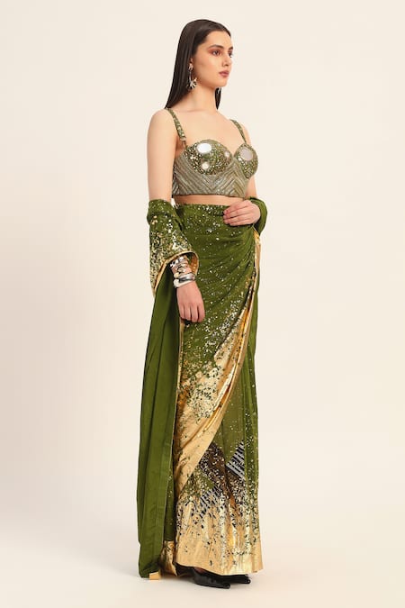 Buy Ruhr India Green Silk, Crepe Beads, Mirrors, Embroidery Sweetheart Neck, Miko Saree Set Buy_Ruhr India_Green Silk, Crepe Beads, Mirrors, Embroidery Sweetheart Neck, Miko Saree Set