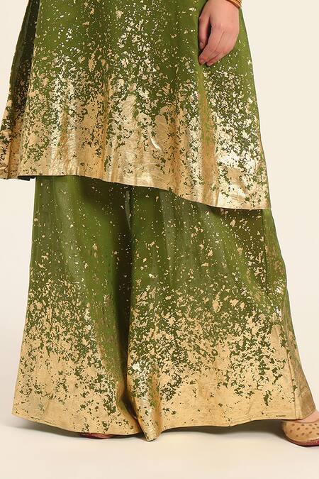 Ruhr India_Green Silk, Chanderi Beads V-neck Dharini Kurta Set _at_Aza_Fashions