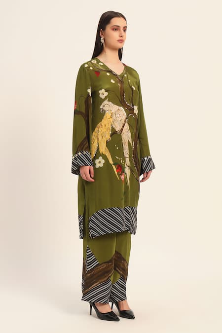 Shop_Ruhr India_Green Crepe Embroidery V-neck Miko Designer Kurta Pant Set _Online_at_Aza_Fashions