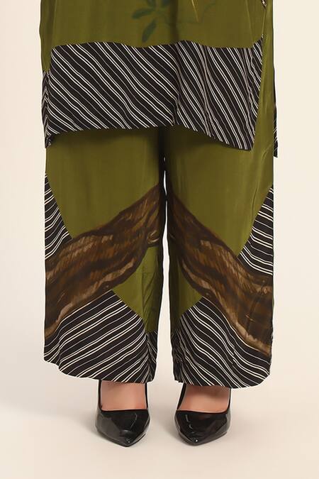 Buy_Ruhr India_Green Crepe Embroidery V-neck Miko Designer Kurta Pant Set 