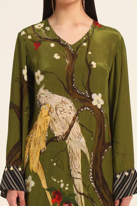 Shop_Ruhr India_Green Crepe Embroidery V-neck Miko Designer Kurta Pant Set 