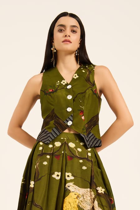Ruhr India_Green Silk Embroidery V-neck Miko Waistcoat And Skirt Set _Online_at_Aza_Fashions