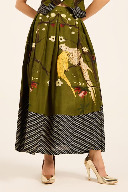 Shop_Ruhr India_Green Silk Embroidery V-neck Miko Waistcoat And Skirt Set _Online_at_Aza_Fashions