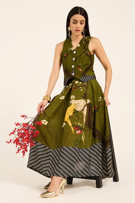 Shop_Ruhr India_Green Silk Embroidery V-neck Miko Waistcoat And Skirt Set 