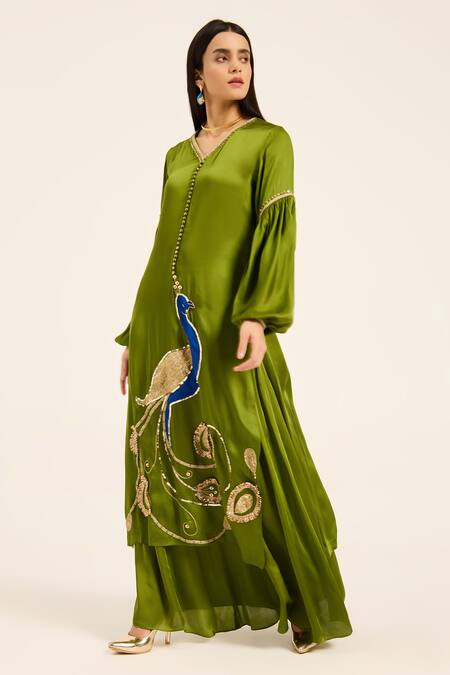 Ruhr India Green Satin Embroidery, Patchwork Split V-neck Mor Kurta Set Online at Aza Fashions Ruhr India_Green Satin Embroidery, Patchwork Split V-neck Mor Kurta Set _Online_at_Aza_Fashions