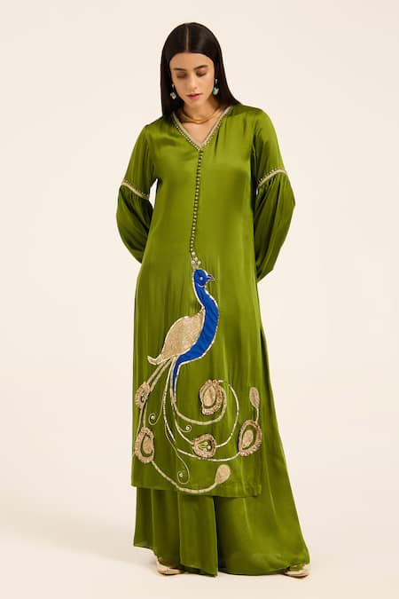 Ruhr India Green Satin Embroidery, Patchwork Split V-neck Mor Kurta Set 