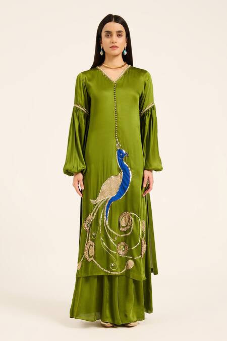 Shop Ruhr India Green Satin Embroidery, Patchwork Split V-neck Mor Kurta Set Online at Aza Fashions Shop_Ruhr India_Green Satin Embroidery, Patchwork Split V-neck Mor Kurta Set _Online_at_Aza_Fashions