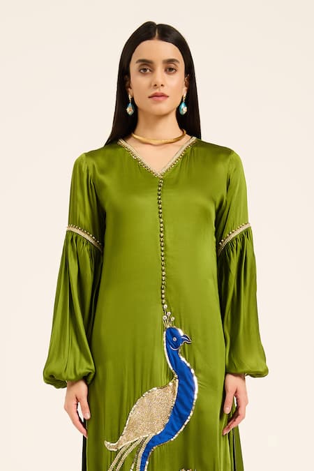 Ruhr India Green Satin Embroidery, Patchwork Split V-neck Mor Kurta Set at Aza Fashions Ruhr India_Green Satin Embroidery, Patchwork Split V-neck Mor Kurta Set _at_Aza_Fashions