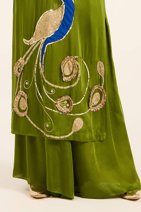 Buy Ruhr India Green Satin Embroidery, Patchwork Split V-neck Mor Kurta Set Buy_Ruhr India_Green Satin Embroidery, Patchwork Split V-neck Mor Kurta Set