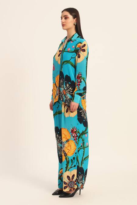 Ruhr India Turquoise Crepe Collared Floral Print Yoko Coord Set Online at Aza Fashions Ruhr India_Turquoise Crepe Collared Floral Print Yoko Coord Set _Online_at_Aza_Fashions