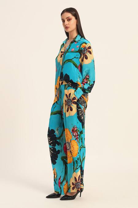 Buy Ruhr India Turquoise Crepe Collared Floral Print Yoko Coord Set Online at Aza Fashions Buy_Ruhr India_Turquoise Crepe Collared Floral Print Yoko Coord Set _Online_at_Aza_Fashions