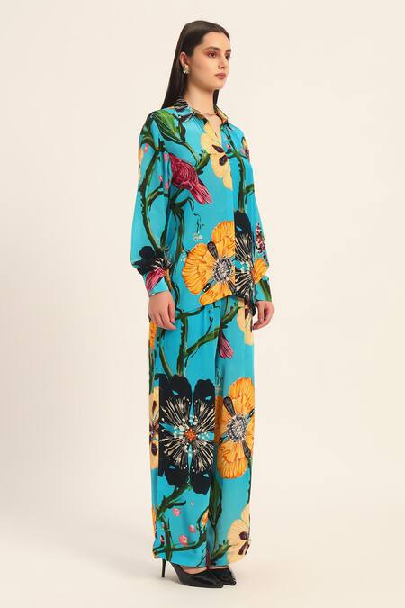 Shop Ruhr India Turquoise Crepe Collared Floral Print Yoko Coord Set Online at Aza Fashions Shop_Ruhr India_Turquoise Crepe Collared Floral Print Yoko Coord Set _Online_at_Aza_Fashions