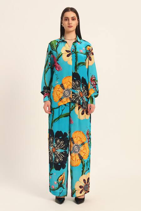Ruhr India Turquoise Crepe Collared Floral Print Yoko Coord Set at Aza Fashions Ruhr India_Turquoise Crepe Collared Floral Print Yoko Coord Set _at_Aza_Fashions