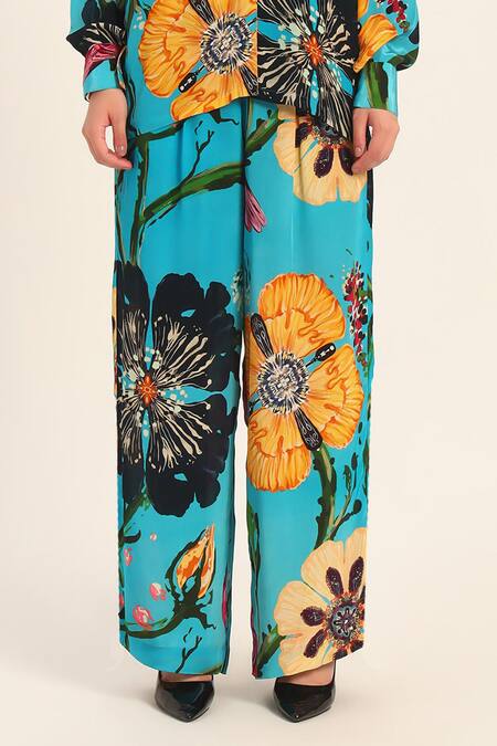 Buy Ruhr India Turquoise Crepe Collared Floral Print Yoko Coord Set Buy_Ruhr India_Turquoise Crepe Collared Floral Print Yoko Coord Set