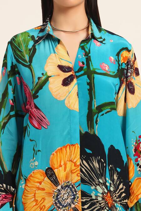 Shop Ruhr India Turquoise Crepe Collared Floral Print Yoko Coord Set Shop_Ruhr India_Turquoise Crepe Collared Floral Print Yoko Coord Set