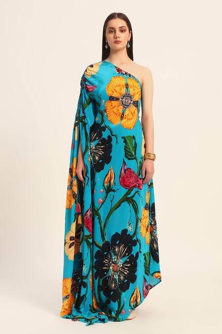 Buy Ruhr India Turquoise Crepe Asymmetric Floral Print Phirozi Blue Kaftan Online at Aza Fashions Buy_Ruhr India_Turquoise Crepe Asymmetric Floral Print Phirozi Blue Kaftan _Online_at_Aza_Fashions