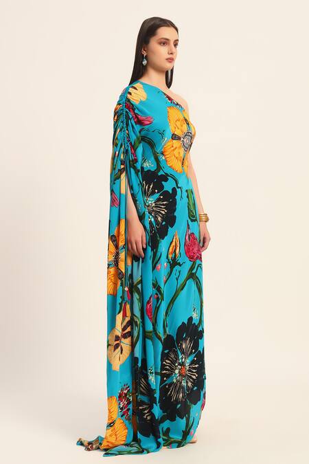 Shop Ruhr India Turquoise Crepe Asymmetric Floral Print Phirozi Blue Kaftan Online at Aza Fashions Shop_Ruhr India_Turquoise Crepe Asymmetric Floral Print Phirozi Blue Kaftan _Online_at_Aza_Fashions