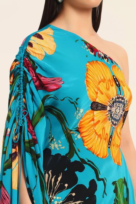 Buy Ruhr India Turquoise Crepe Asymmetric Floral Print Phirozi Blue Kaftan Buy_Ruhr India_Turquoise Crepe Asymmetric Floral Print Phirozi Blue Kaftan