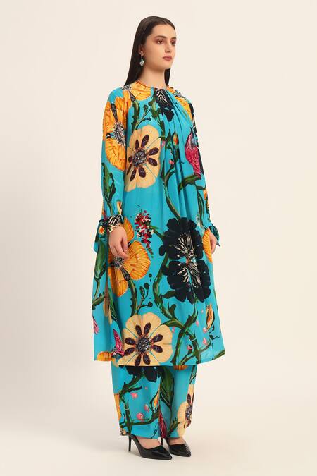 Buy Ruhr India Turquoise Crepe Beads Round Neck Floral Print Yoko Kurta Set Online at Aza Fashions Buy_Ruhr India_Turquoise Crepe Beads Round Neck Floral Print Yoko Kurta Set _Online_at_Aza_Fashions
