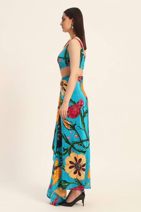 Ruhr India Turquoise Crepe Square Neck Floral Print Crop Top And Draped Skirt Set Online at Aza Fashions Ruhr India_Turquoise Crepe Square Neck Floral Print Crop Top And Draped Skirt Set _Online_at_Aza_Fashions