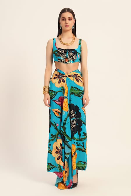 Buy Ruhr India Turquoise Crepe Square Neck Floral Print Crop Top And Draped Skirt Set Online at Aza Fashions Buy_Ruhr India_Turquoise Crepe Square Neck Floral Print Crop Top And Draped Skirt Set _Online_at_Aza_Fashions