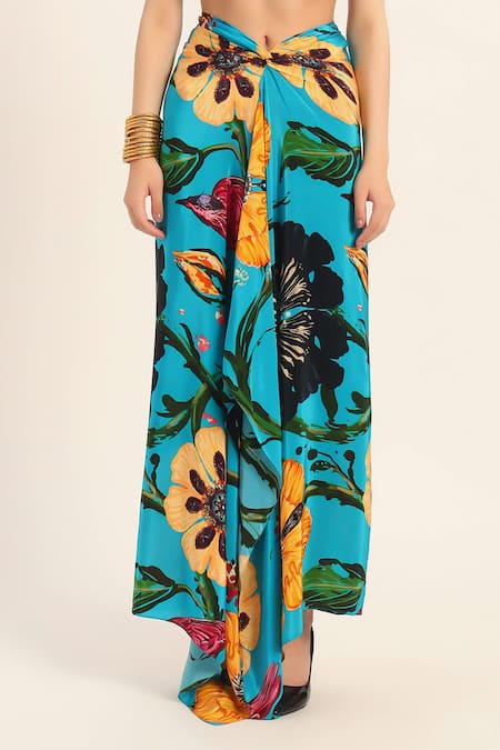 Shop Ruhr India Turquoise Crepe Square Neck Floral Print Crop Top And Draped Skirt Set Online at Aza Fashions Shop_Ruhr India_Turquoise Crepe Square Neck Floral Print Crop Top And Draped Skirt Set _Online_at_Aza_Fashions