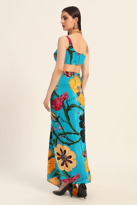 Ruhr India Turquoise Crepe Square Neck Floral Print Crop Top And Draped Skirt Set at Aza Fashions Ruhr India_Turquoise Crepe Square Neck Floral Print Crop Top And Draped Skirt Set _at_Aza_Fashions