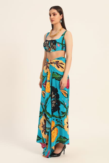 Shop Ruhr India Turquoise Crepe Square Neck Floral Print Crop Top And Draped Skirt Set Shop_Ruhr India_Turquoise Crepe Square Neck Floral Print Crop Top And Draped Skirt Set