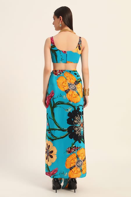 Ruhr India Floral Print Crop Top & Draped Skirt Set 