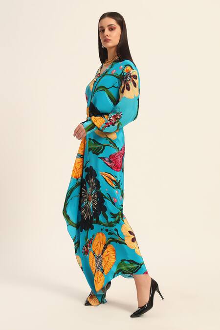 Ruhr India Turquoise Crepe Collared Floral Print Yoko Shirt And Draped Skirt Set Online at Aza Fashions Ruhr India_Turquoise Crepe Collared Floral Print Yoko Shirt And Draped Skirt Set _Online_at_Aza_Fashions