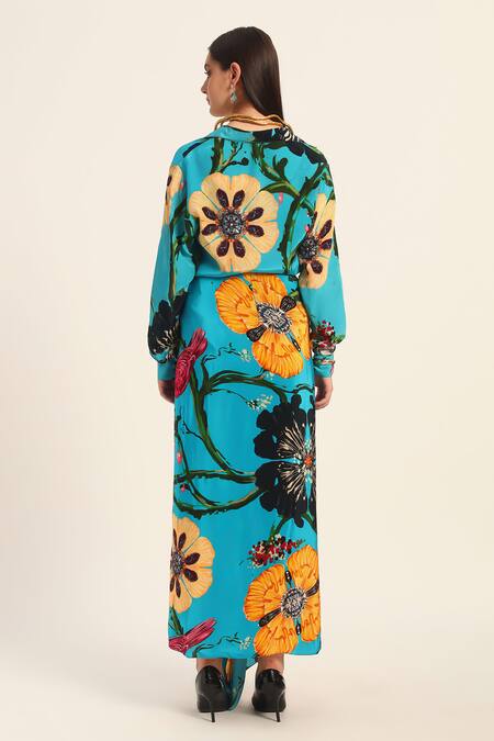 Ruhr India Floral Print Yoko Shirt & Draped Skirt Set 