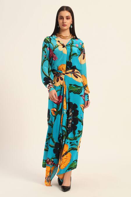 Buy Ruhr India Turquoise Crepe Collared Floral Print Yoko Shirt And Draped Skirt Set Online at Aza Fashions Buy_Ruhr India_Turquoise Crepe Collared Floral Print Yoko Shirt And Draped Skirt Set _Online_at_Aza_Fashions