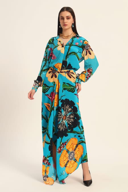 Ruhr India Turquoise Crepe Collared Floral Print Yoko Shirt And Draped Skirt Set