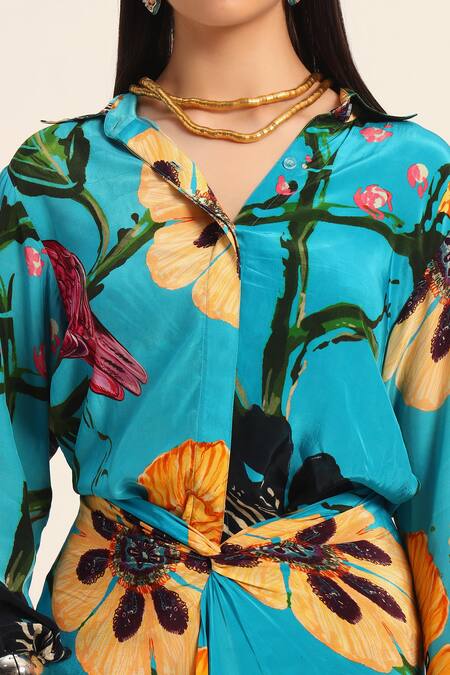 Shop Ruhr India Turquoise Crepe Collared Floral Print Yoko Shirt And Draped Skirt Set Online at Aza Fashions Shop_Ruhr India_Turquoise Crepe Collared Floral Print Yoko Shirt And Draped Skirt Set _Online_at_Aza_Fashions