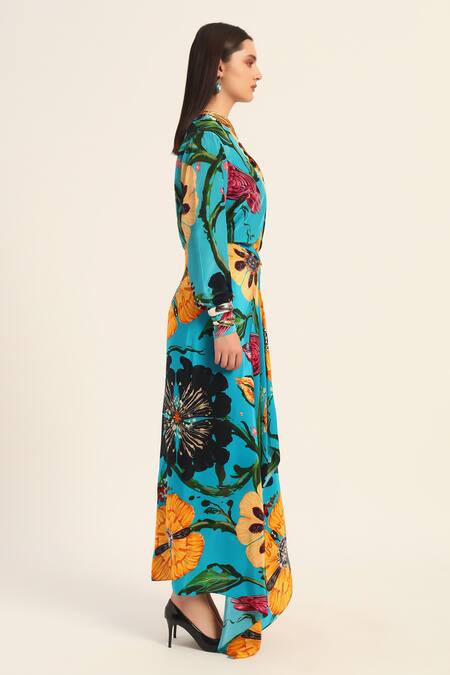 Ruhr India Turquoise Crepe Collared Floral Print Yoko Shirt And Draped Skirt Set at Aza Fashions Ruhr India_Turquoise Crepe Collared Floral Print Yoko Shirt And Draped Skirt Set _at_Aza_Fashions