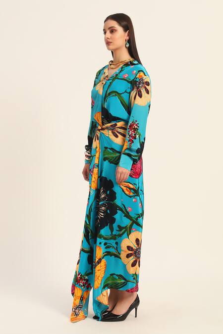 Buy Ruhr India Turquoise Crepe Collared Floral Print Yoko Shirt And Draped Skirt Set Buy_Ruhr India_Turquoise Crepe Collared Floral Print Yoko Shirt And Draped Skirt Set